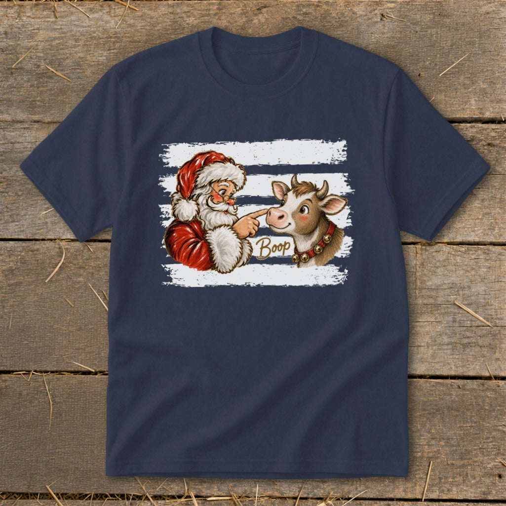 Santa boops a cow with the word "Boop" written next to it.