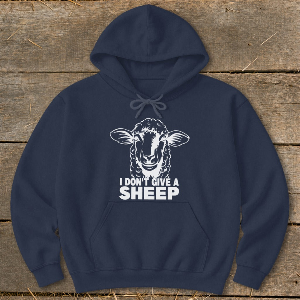 Navy hoodie with a white graphic of a sheep's head and text "I DON'T GIVE A SHEEP".
