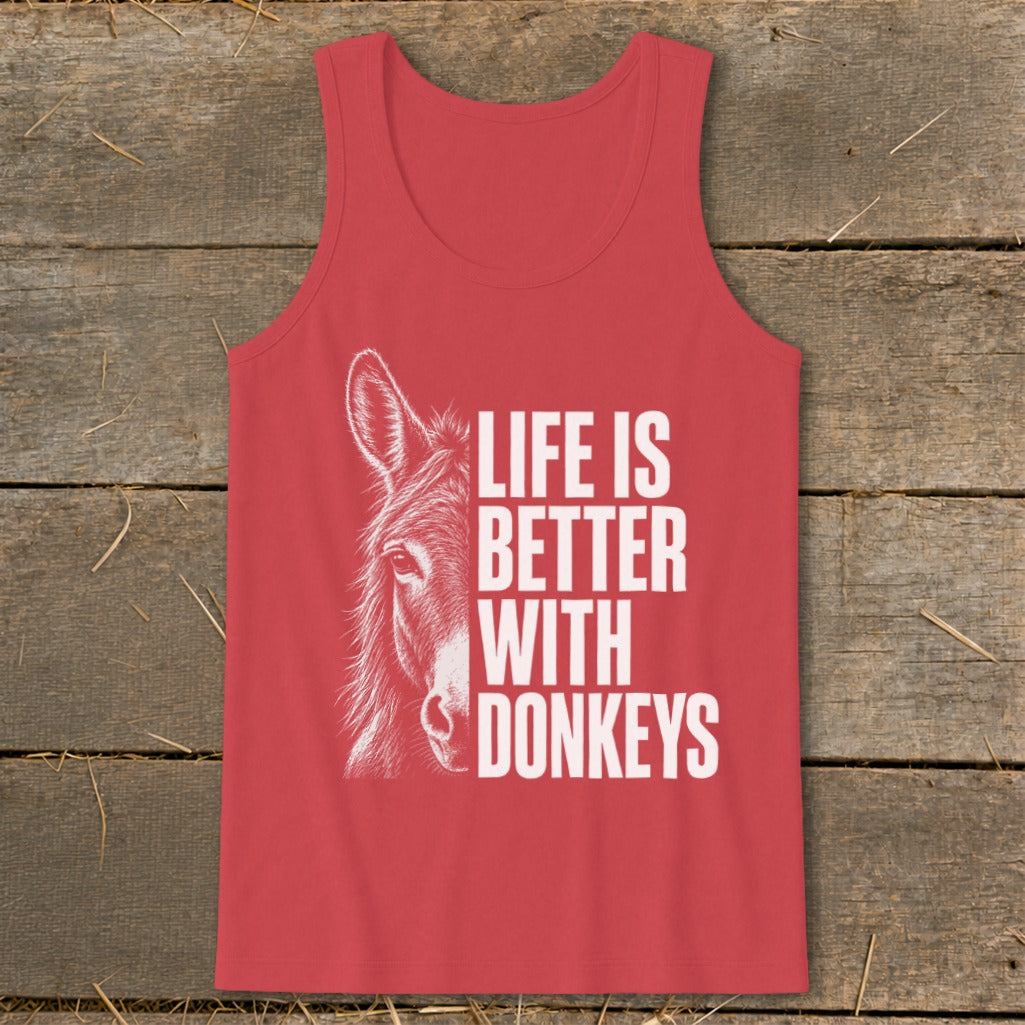 Red tank top with a donkey graphic and the text "Life Is Better With Donkeys".