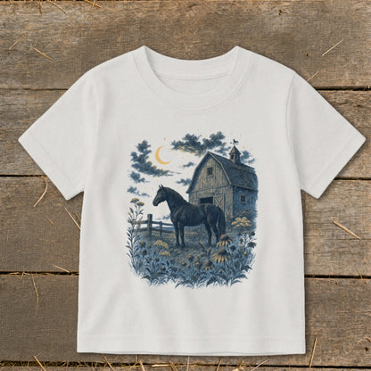 Black horse in a field with a barn under a crescent moon and stars.