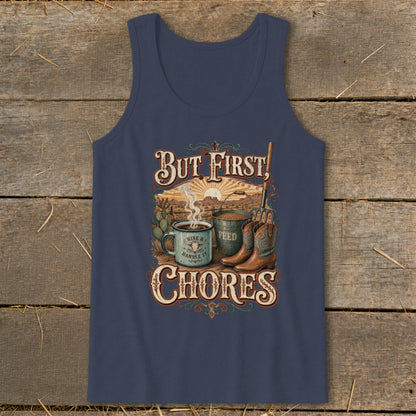 Navajo blue tank top with western graphic and text "But First, Chores".