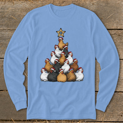 Christmas tree made of chickens wearing Santa hats, topped with a star.