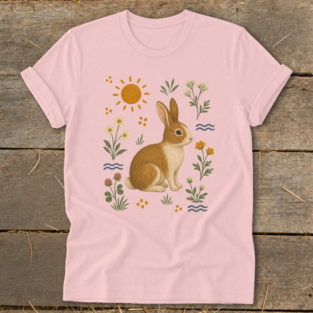 Pink t-shirt with a brown rabbit surrounded by flowers, sun, and waves design.