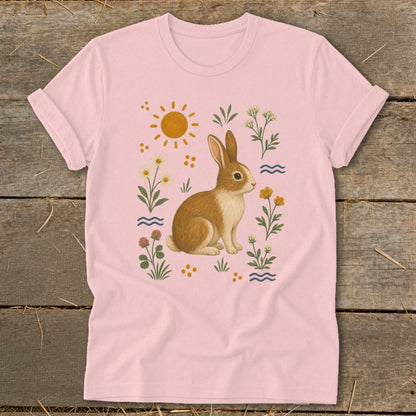 Pink t-shirt with a brown rabbit surrounded by flowers, sun, and waves design.