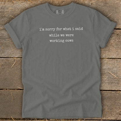 Gray t-shirt with white text that reads "i'm sorry for what i said while we were working cows."
