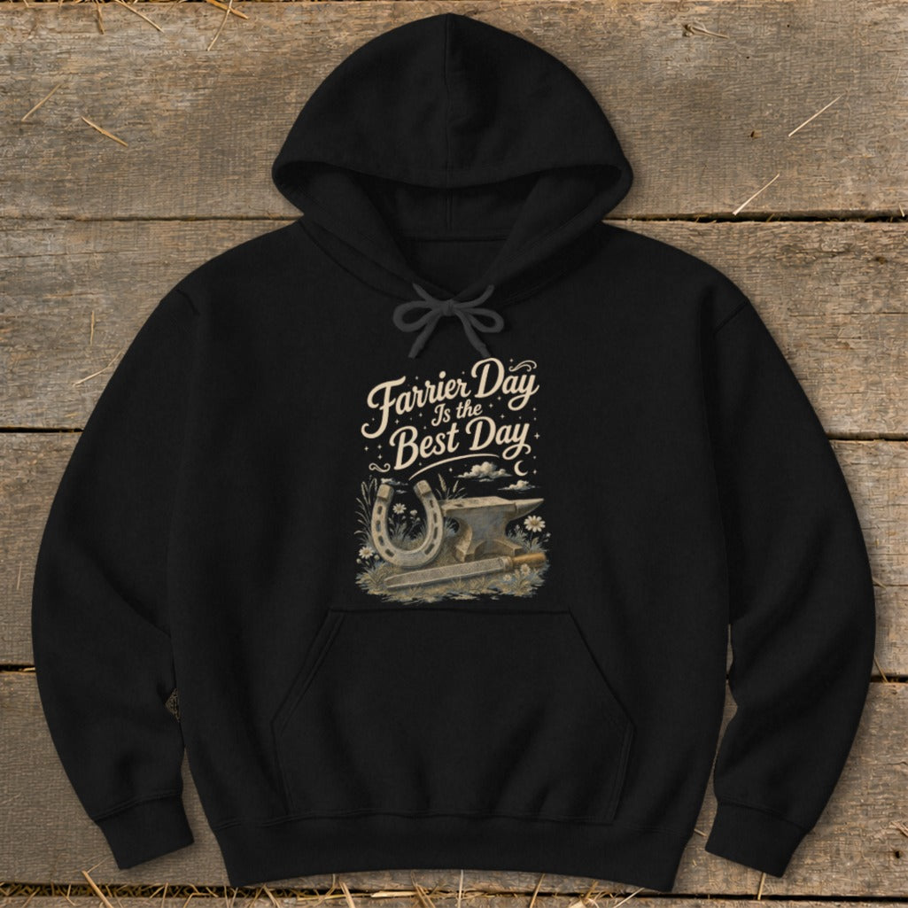 Black hoodie with "Farrier Day Is the Best Day" text and horseshoe, anvil, and flowers design.
