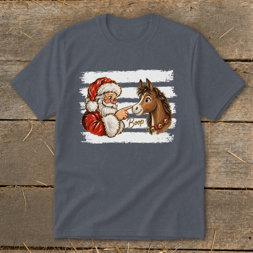 Santa's finger boops a horse's nose with "Boop" text on a graphic.