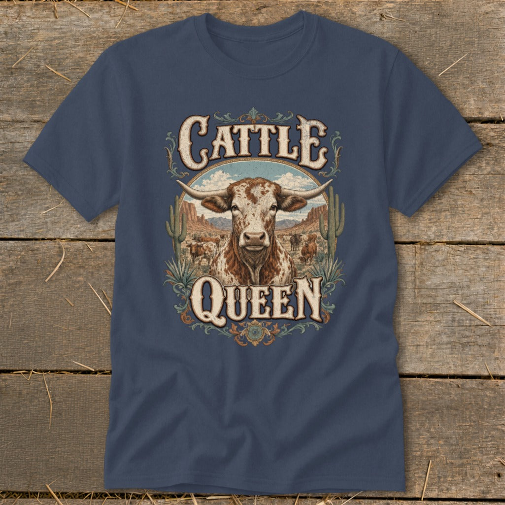 T-shirt graphic with a longhorn bull and "Cattle Queen" text in a desert landscape.
