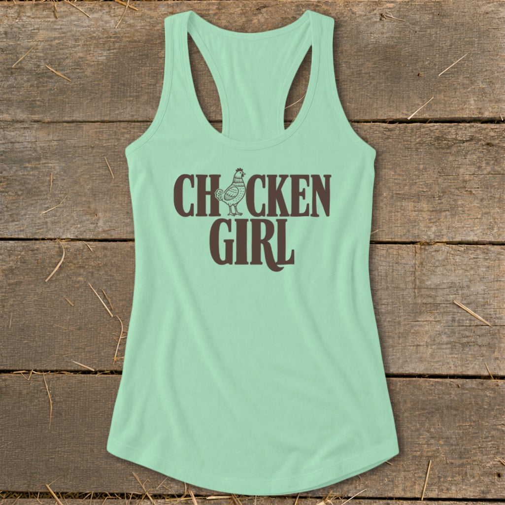Mint green tank top with "CHICKEN GIRL" text and a chicken graphic.