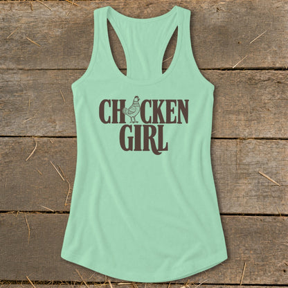 Mint green tank top with "CHICKEN GIRL" text and a chicken graphic.