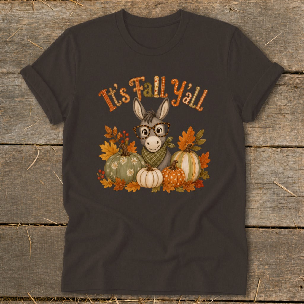 Donkey with glasses, pumpkins, and leaves on a t-shirt that says "It's Fall Y'all".
