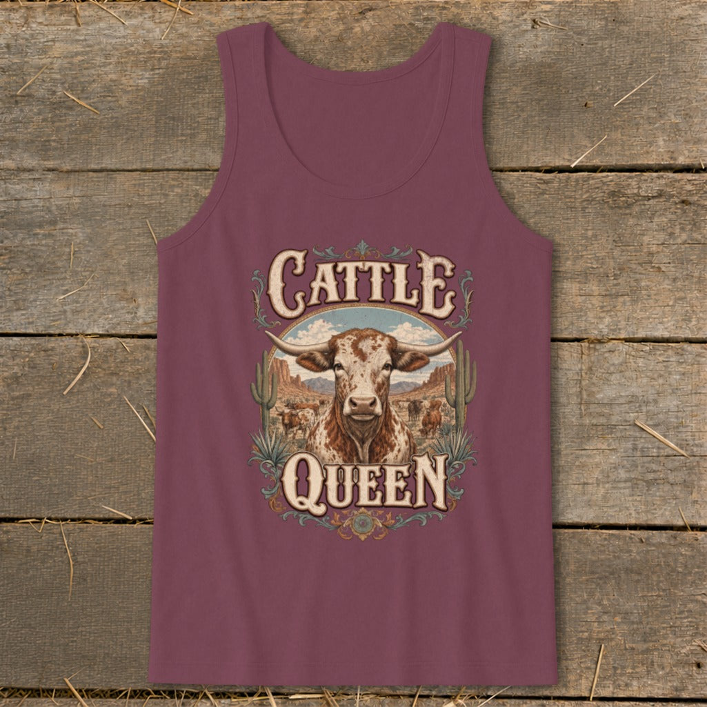 Maroon tank top with "Cattle Queen" text and a longhorn steer illustration.