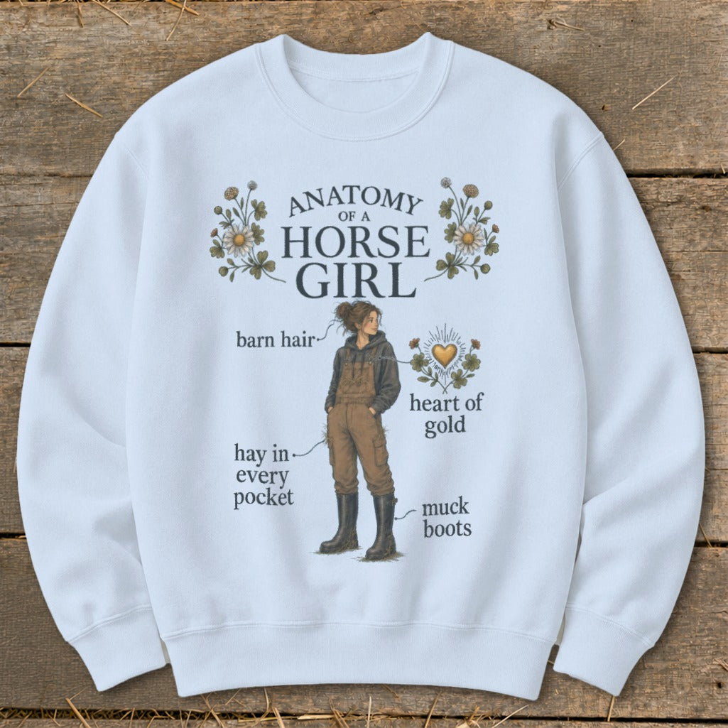 "Anatomy of a Horse Girl" graphic with text labels and illustrated elements.