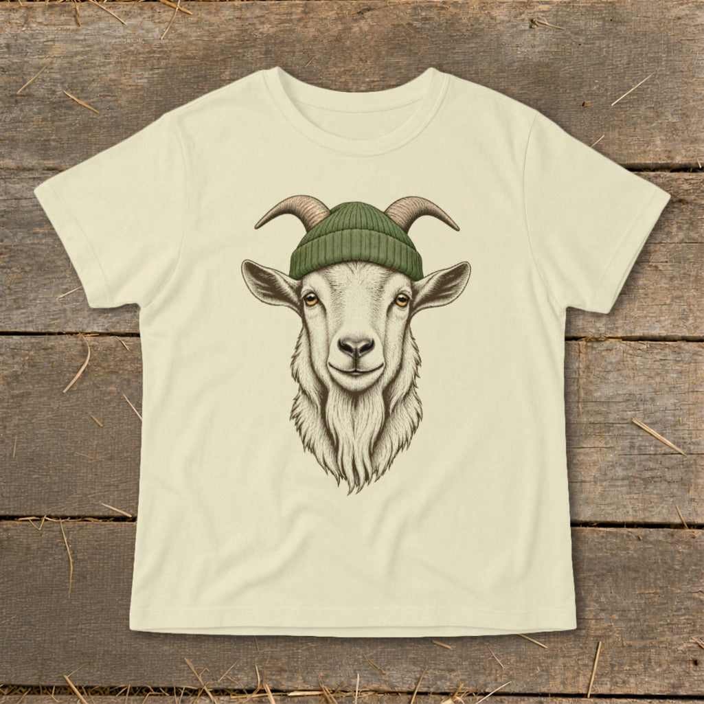 Cream t-shirt with an illustration of a goat wearing a green beanie.