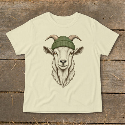 Cream t-shirt with an illustration of a goat wearing a green beanie.