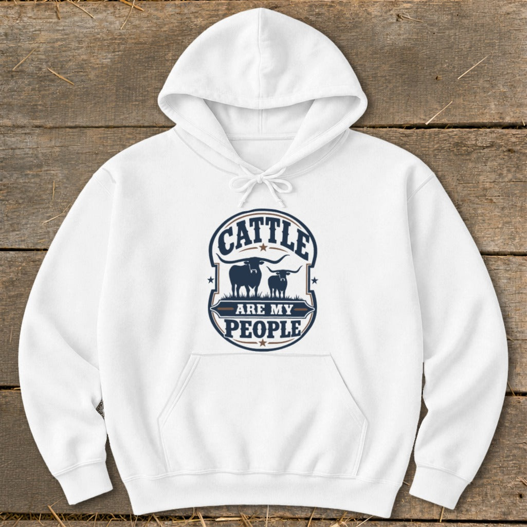White hoodie with "Cattle Are My People" graphic featuring longhorn cattle silhouettes.