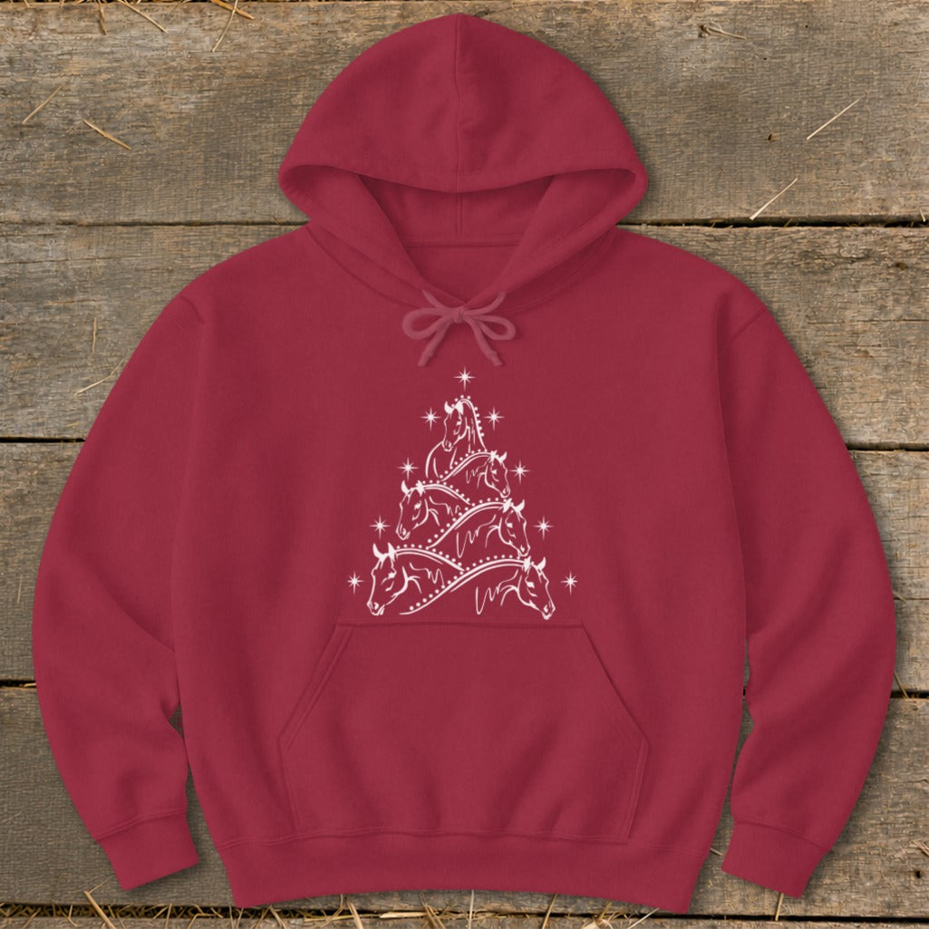 Maroon hoodie with white horse Christmas tree graphic on front.