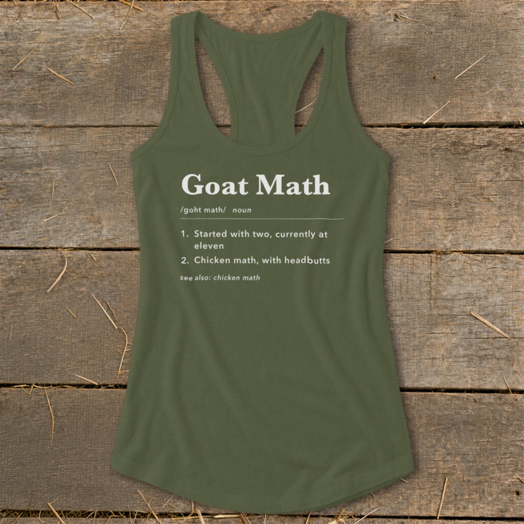 Olive green tank top with "Goat Math" definition print.