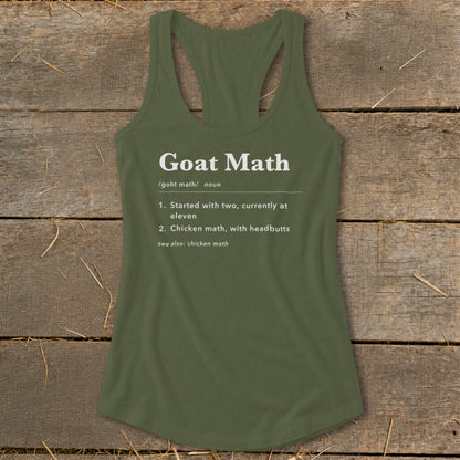 Olive green tank top with "Goat Math" definition print.