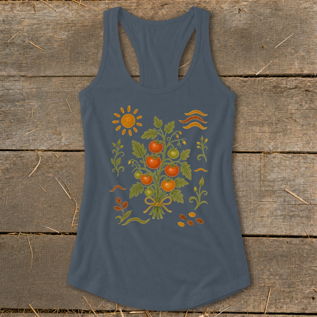 Gray tank top with a vintage-style tomato plant graphic and sun.
