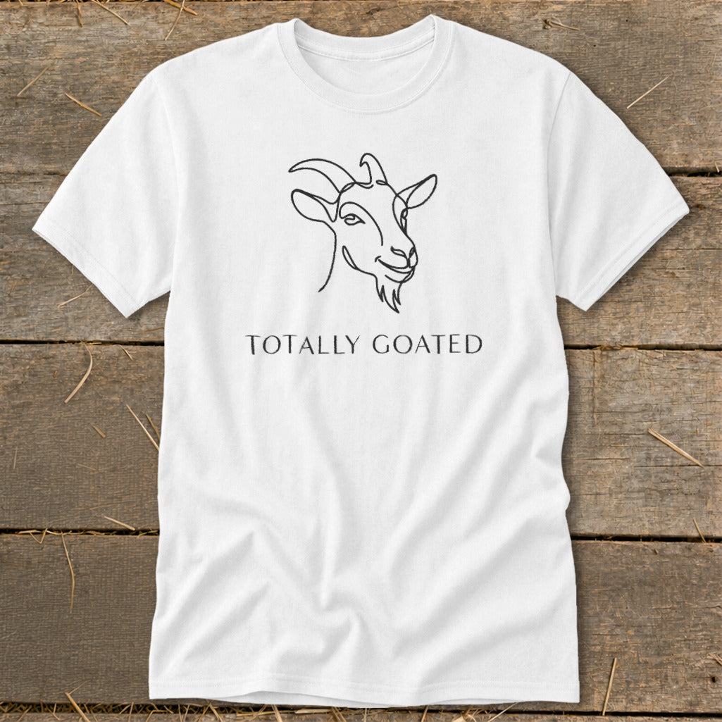 White t-shirt with line drawing of a goat and text "TOTALLY GOATED."
