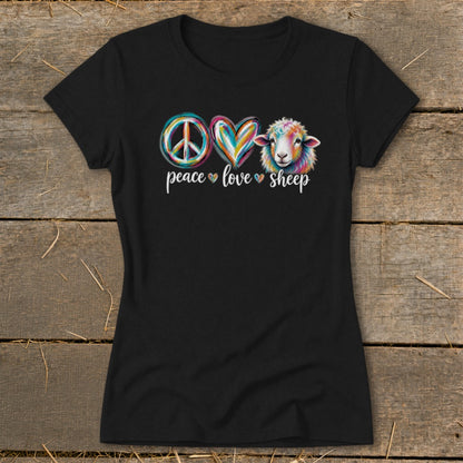 Black t-shirt with "Peace Love Sheep" text and colorful graphics of a peace sign, heart, and sheep.
