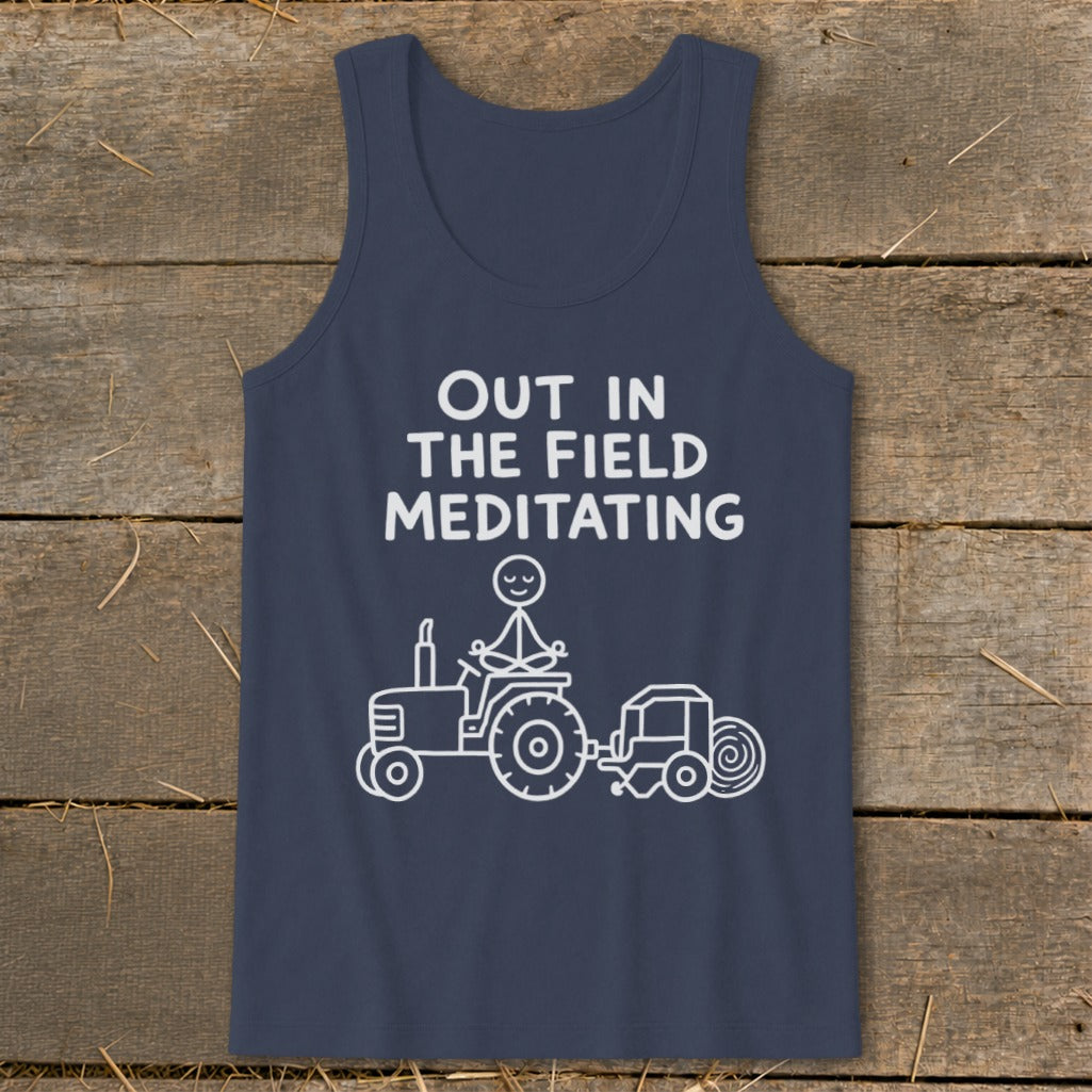 Navy tank top with white text and drawing of person meditating on a tractor.