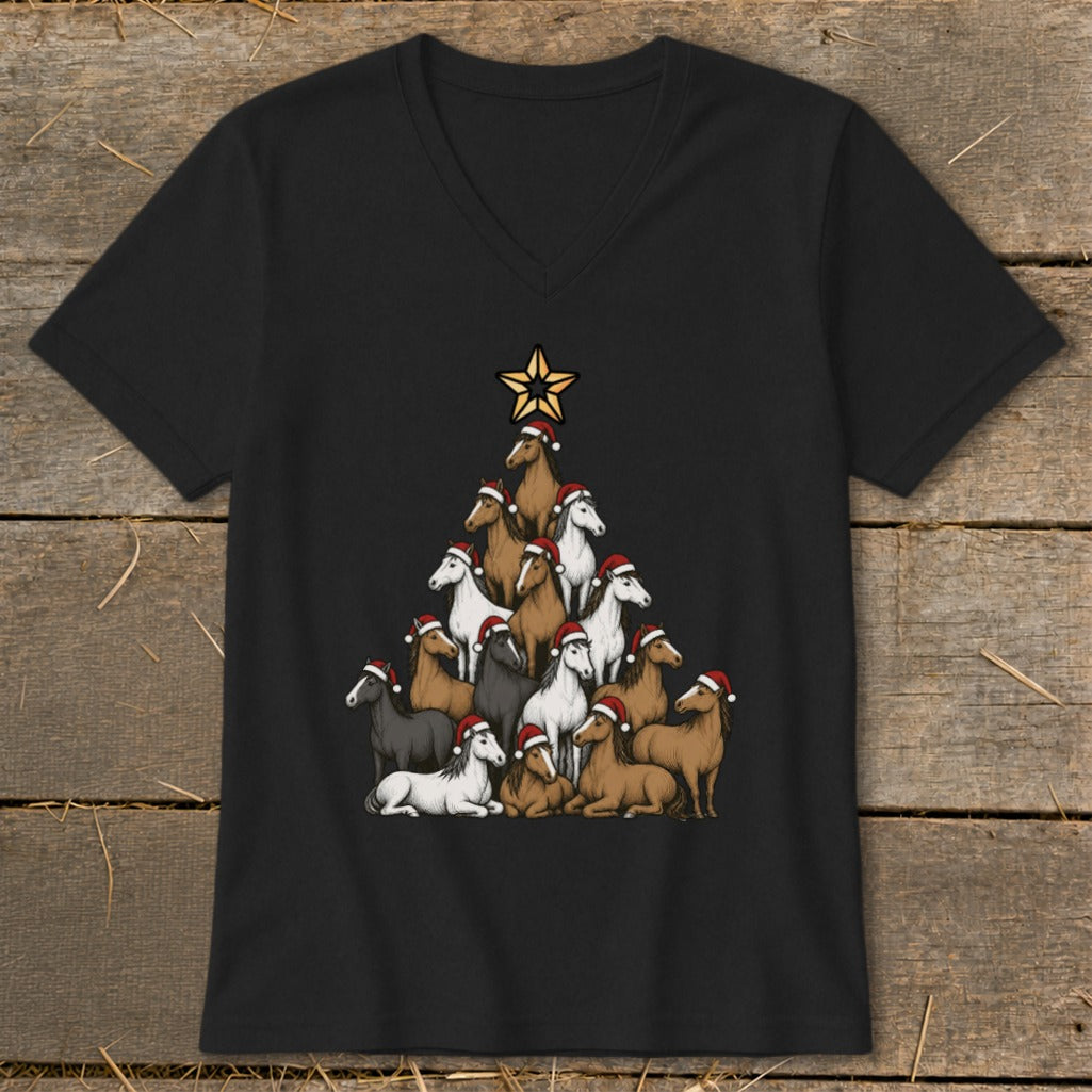 T-shirt design of a Christmas tree made of horses wearing Santa hats.