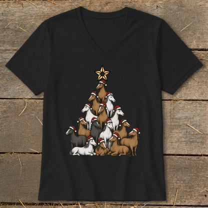 T-shirt design of a Christmas tree made of horses wearing Santa hats.
