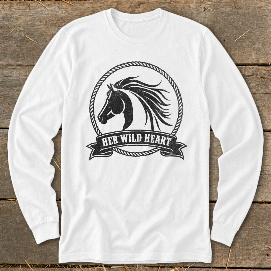 White long-sleeve shirt with distressed graphic of a horse head in a rope circle.