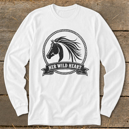 White long-sleeve shirt with distressed graphic of a horse head in a rope circle.