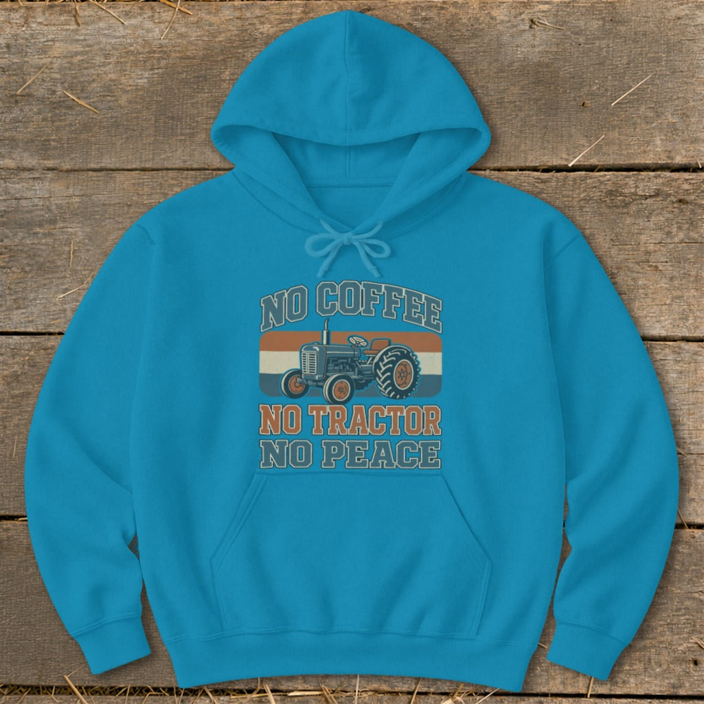 Blue hoodie with "NO COFFEE NO TRACTOR NO PEACE" and tractor graphic.