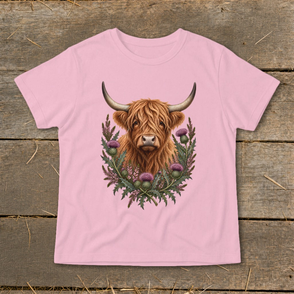 Highland cow with thistle wreath illustration on a pink t-shirt.