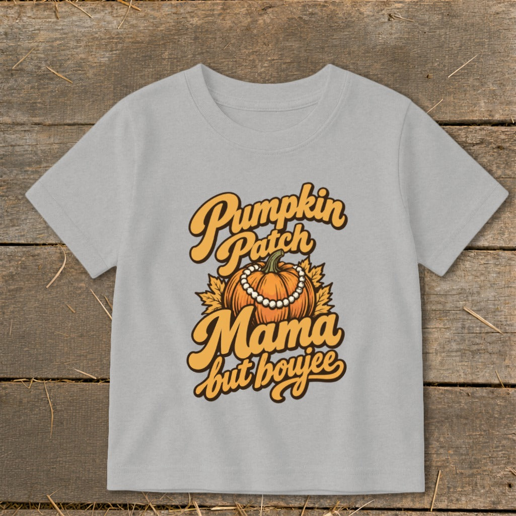 Grey t-shirt with "Pumpkin Patch Mama but boujee" text and pumpkin graphic.