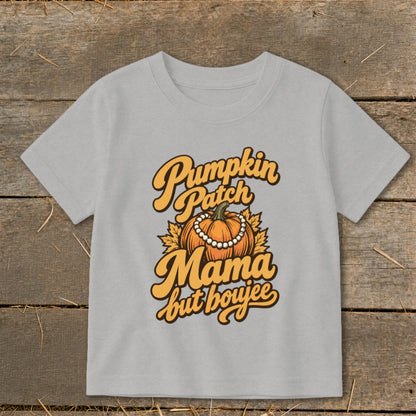 Grey t-shirt with "Pumpkin Patch Mama but boujee" text and pumpkin graphic.