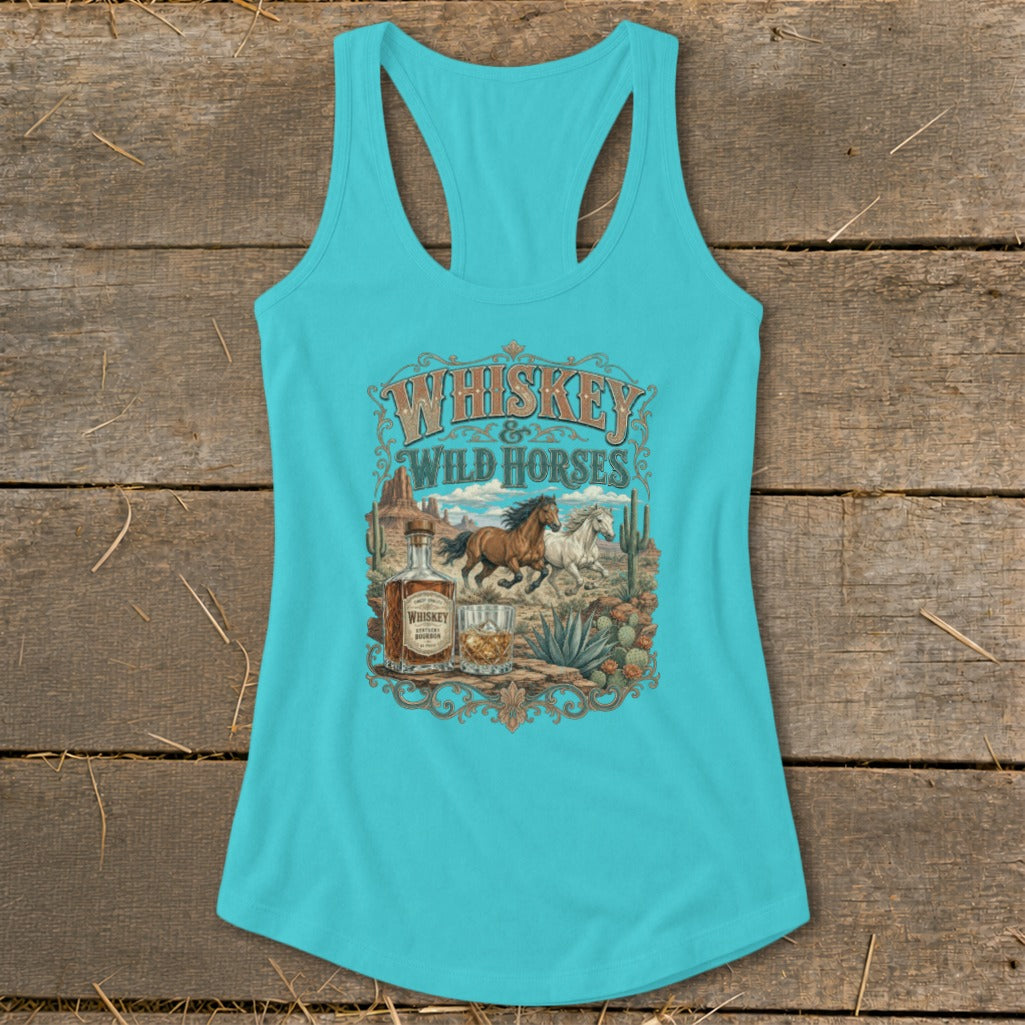 Turquoise tank top with "Whiskey & Wild Horses" graphic featuring desert scene and horses.