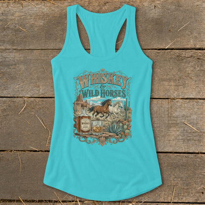 Turquoise tank top with "Whiskey & Wild Horses" graphic featuring desert scene and horses.