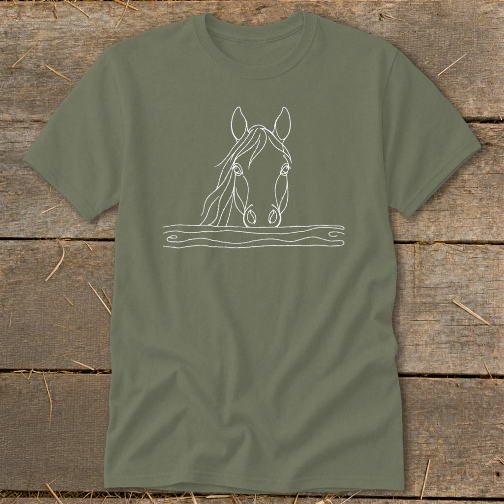 Green t-shirt with white line drawing of a horse's head emerging from water.