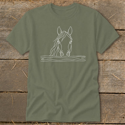 Green t-shirt with white line drawing of a horse's head emerging from water.