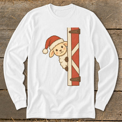 Sheep wearing a Santa hat peeking from behind a red barn door.