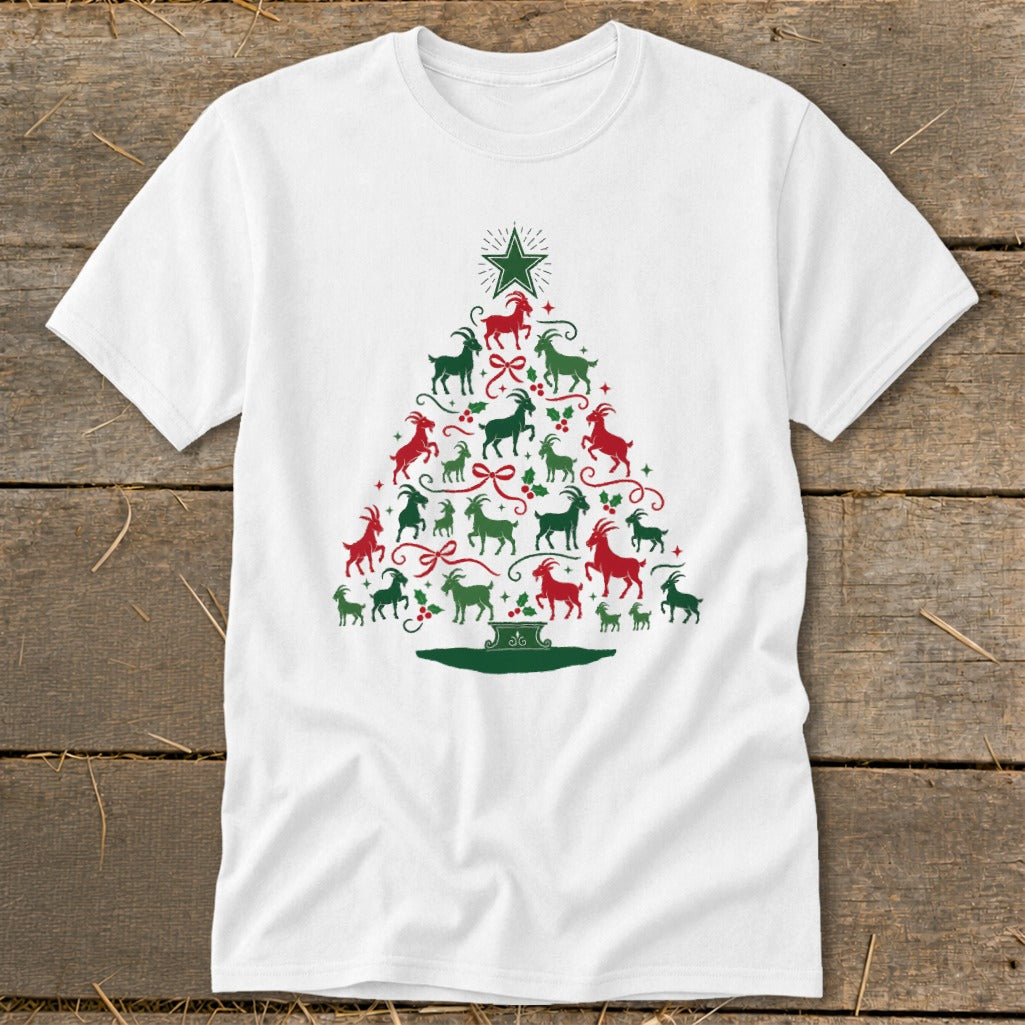 White t-shirt with a Christmas tree made of red and green goats.