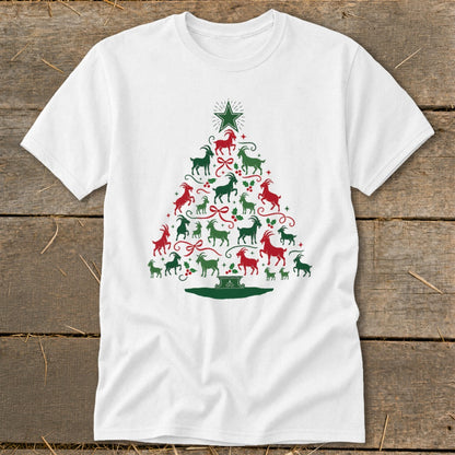 White t-shirt with a Christmas tree made of red and green goats.