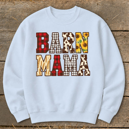 Light blue sweatshirt with "BARN MAMA" text in buffalo plaid and cow print patterns.