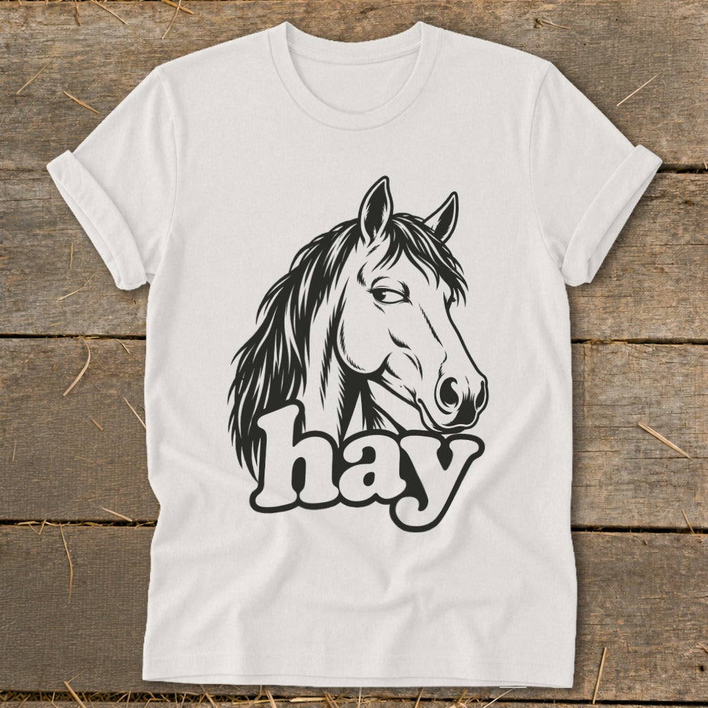 White t-shirt with a black graphic of a horse's head and the word "hay".