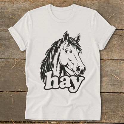 White t-shirt with a black graphic of a horse's head and the word "hay".