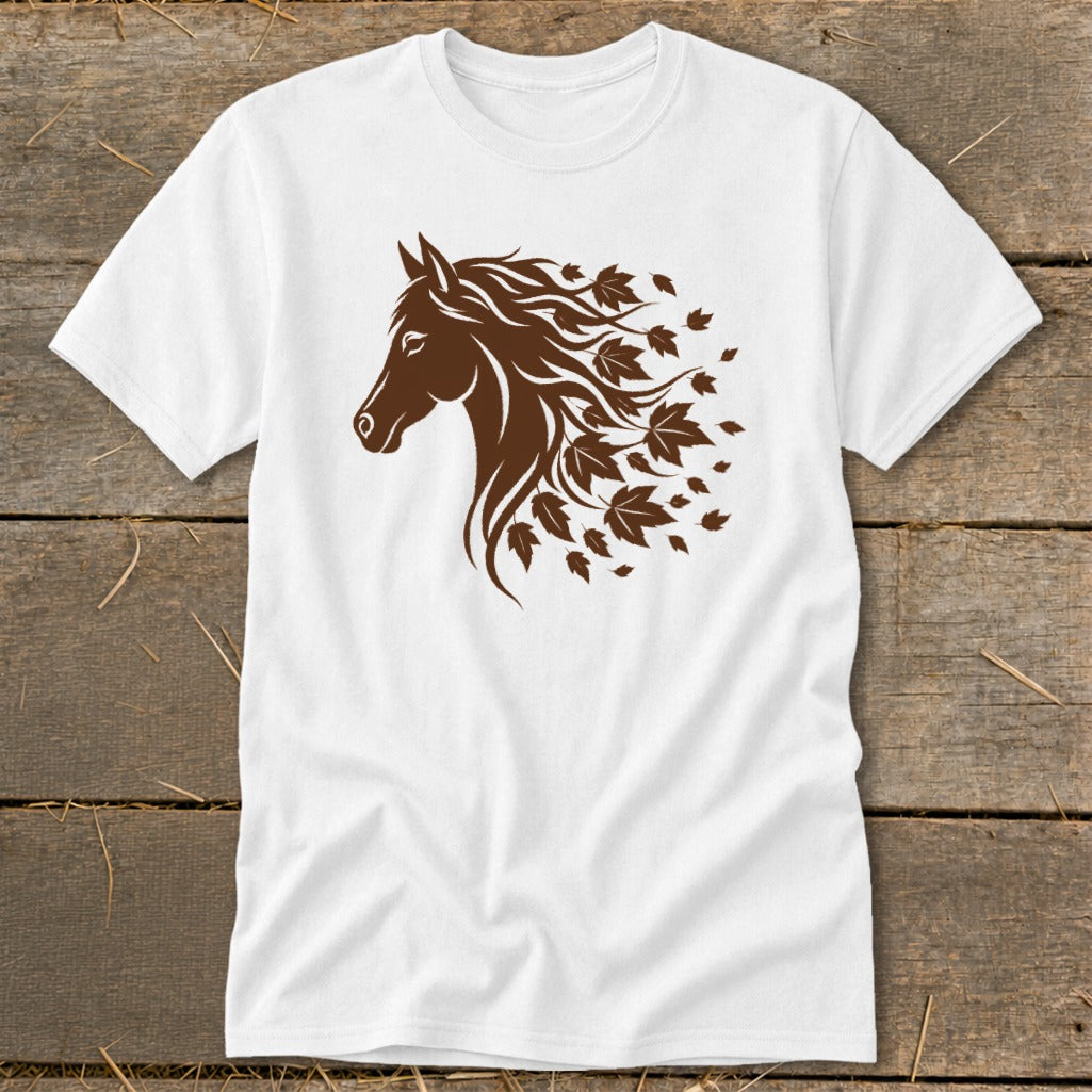 White t-shirt with brown horse head and falling leaves design.