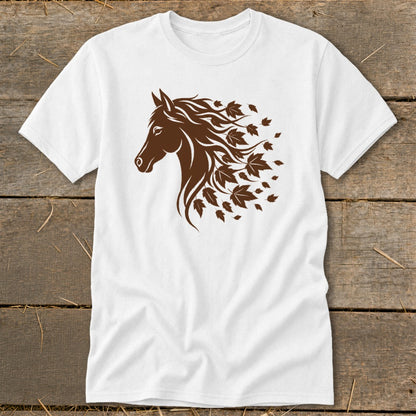 White t-shirt with brown horse head and falling leaves design.