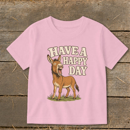 Pink t-shirt with a cartoon donkey and the text "HAVE A HAPPY DAY".