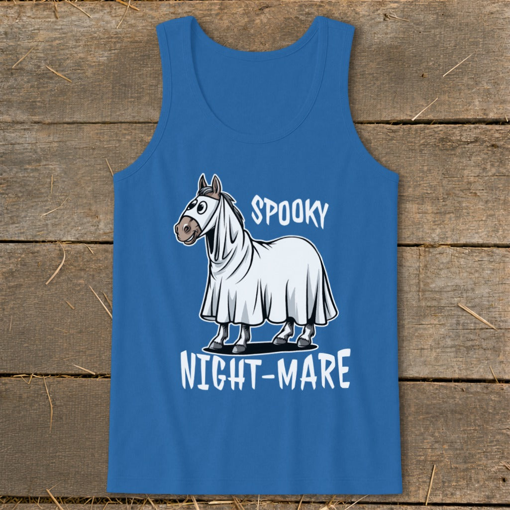 Blue tank top with horse in ghost costume and "Spooky Night-mare" text.