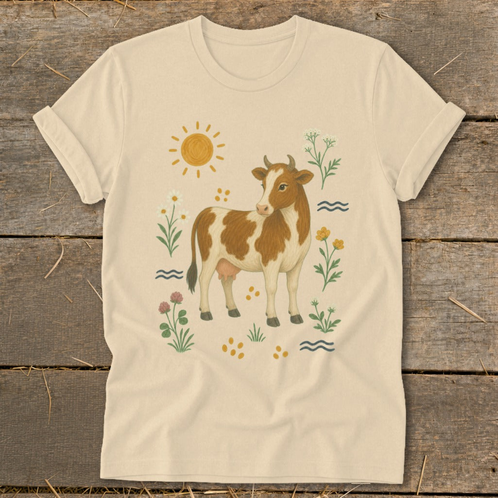 Cream t-shirt with a brown and white cow surrounded by flowers, sun, and waves.